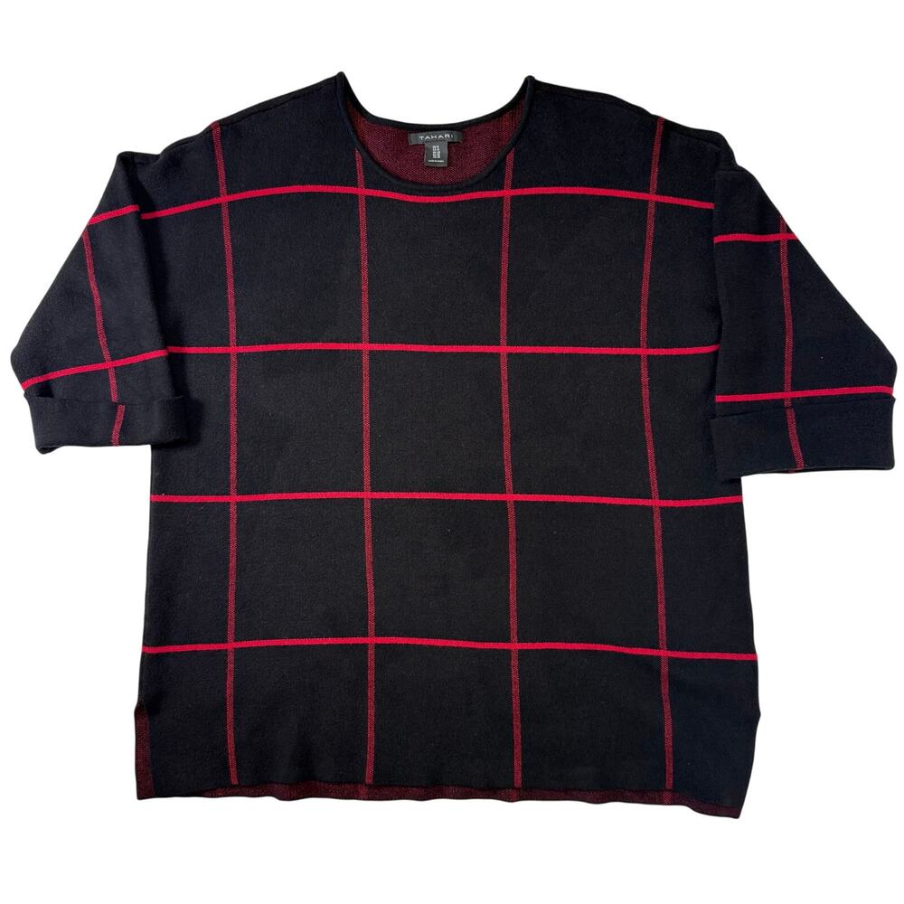 Tahari Sweater Black Red Windowpane Pullover Rayon 3/4 Sleeve Women’s 1X